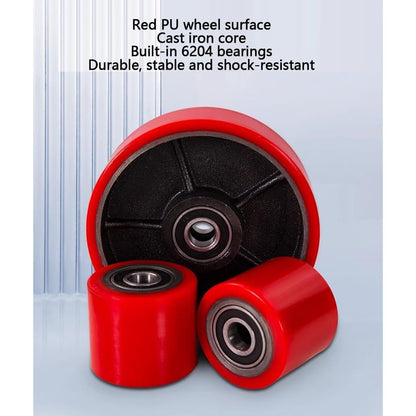 High-Quality Pallet Jack Rollers Set - Red PU Wheels with Axles, 2 Steering Wheels & 4 Front Load Rollers for Manual Forklift Trucks