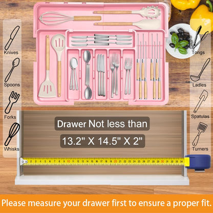Homecor Silverware Organizer - Expandable Large Kitchen Drawer Organizer Utensil Organizer with 2 Removable Knife Blocks, 22"x 19"Cutlery Tray Drawer Dividers for Kitchen Flatware(6-9 Slots) (Black)