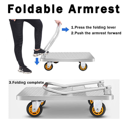 Heavy-Duty Metal Platform Cart - Flatbed Trolley with 360° Swivel Wheels and Folding Handle for Supermarkets, Warehouses, and Garages
