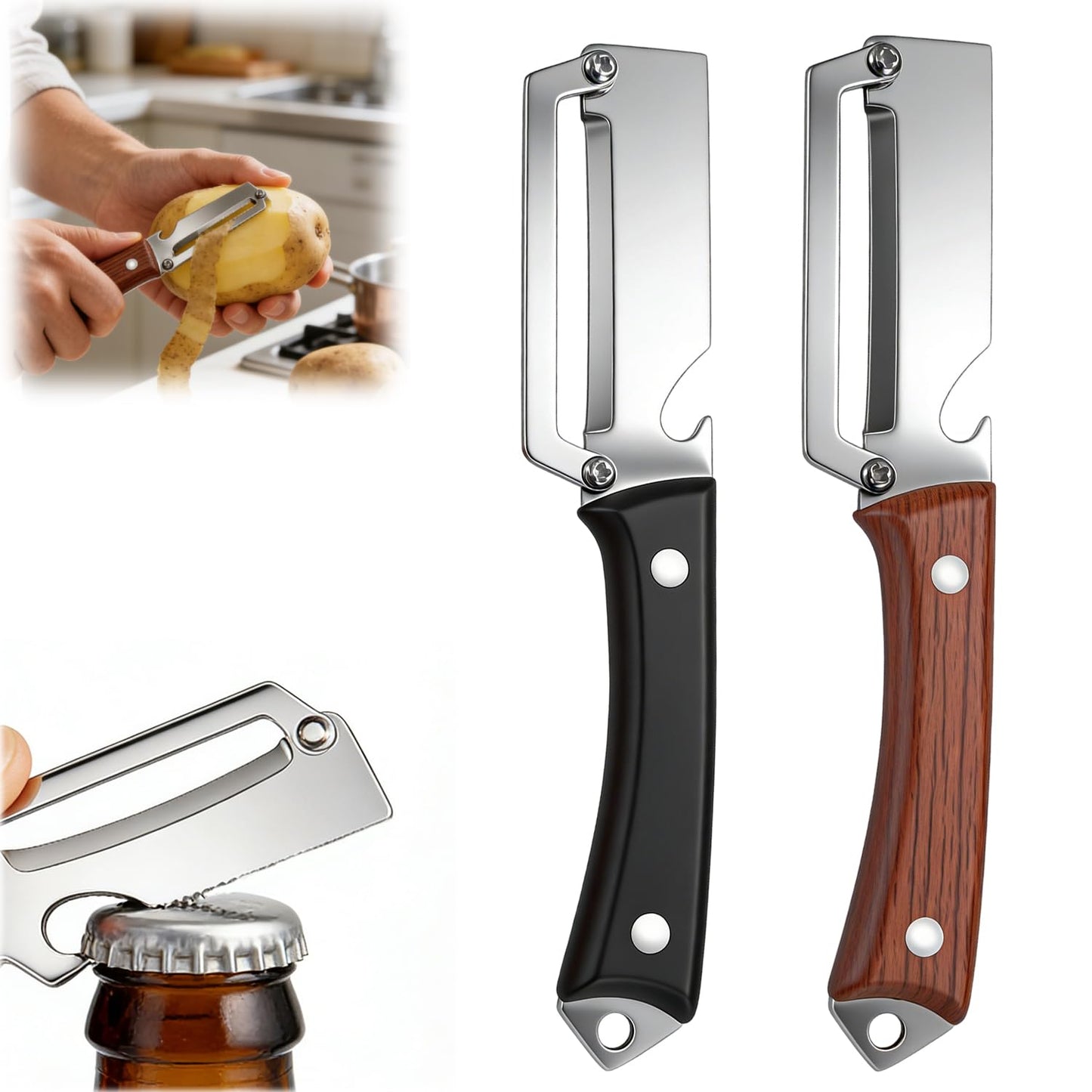 2PCS Multifunctional Vegetable Peeler for Kitchen, Premium Vegetable Peeler with Wooden Handle and Bottle Opener, Stainless Steel Blade Kitchen Tool for Fruit Apple Potato Pumpkin Papaya
