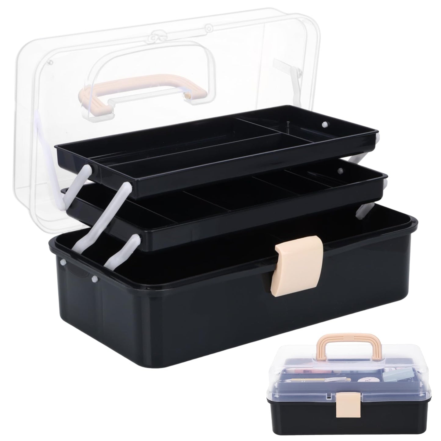 Craft Organizers, Tackle Box 3-Layer Portable Folding Toolbox, Plastic Tool Box with Handle for Sewing Supplies, Medicine, Art Supplies, Nails and Hair Accessories 12.5inch Black