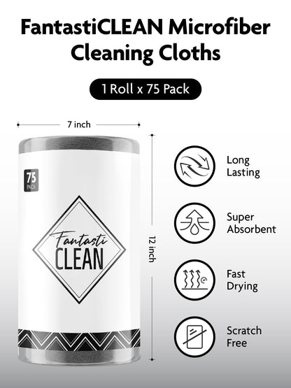 Fantasticlean Microfiber Cleaning Cloth Roll -75 Pack, Tear Away Microfiber Towels, 12" x 12", Reusable, Washable, Scratch Free, Ultra Absorbent for All-Around Cleaning Supplies (DimGray)