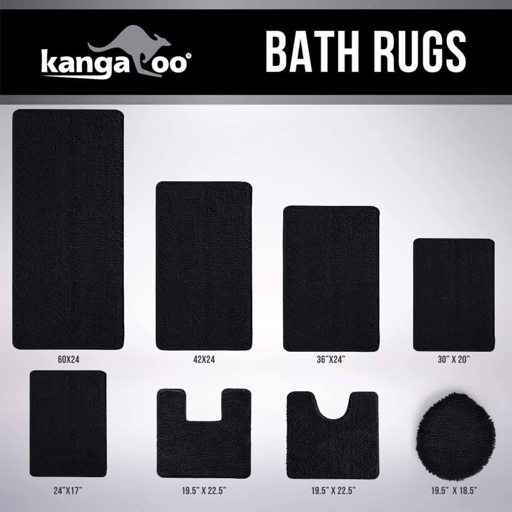 KANGAROO Luxury Chenille Bath Rug, Extra Soft Shaggy Mat for Kids Bathroom, Machine Wash, 24x17, Black