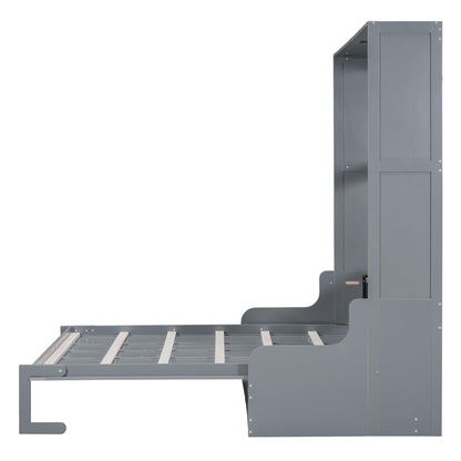 Merax Queen Size Murphy Bed Frame, Modern Wall Bed Can Be Folded into Cabinet, Chair with Cushion, Gray