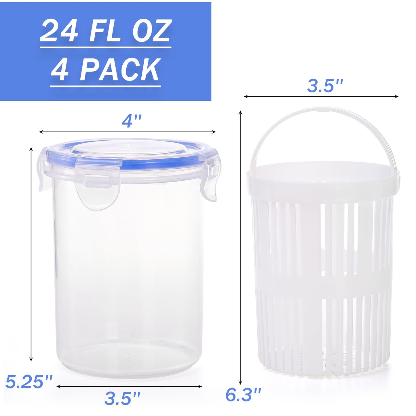 Yesland 4 Pack Pickle Container with Strainer, 24 oz Plastic Pickle Jar Holder Keeper Lifter, Clear Leak-proof Pickle Juice Separator with Lock It Lid for Sweet Gherkins, Olives