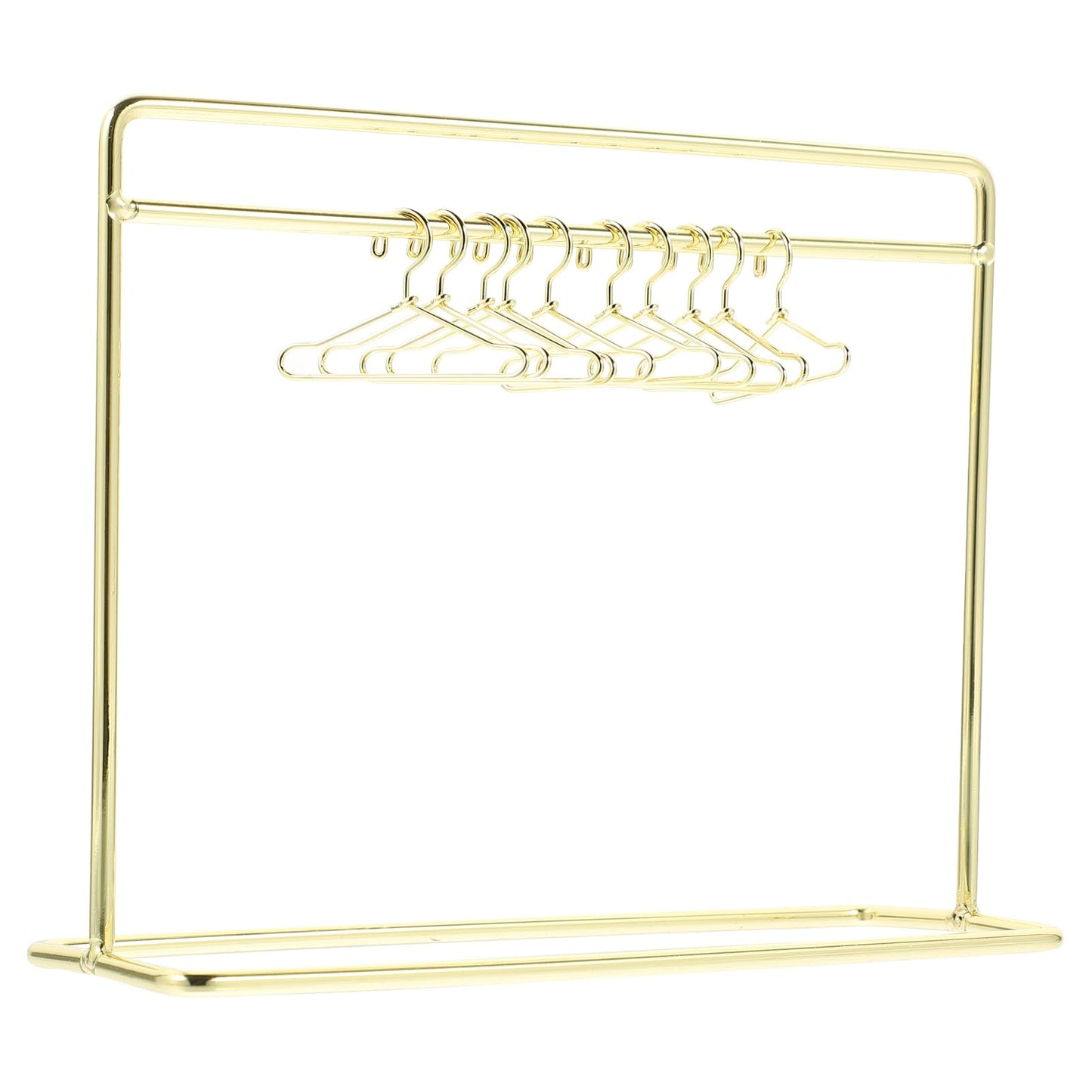 STOBOK Miniature Doll Garment Rack with 10Pcs Mini Clothes Hangers Mini Doll Dress Clothing Display Rack Metal Dollhouse Furniture Bedroom,Living Room,Shower Accessories Supplies, Golden 5.9x4.7in