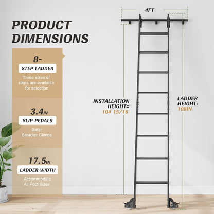 Fredbeck 9FT Rolling Library Aluminium Step Ladder 108" with 4FT Sliding Hardware Track Kit Bottom Wheel Included,for Kitchen,Loft,Warehouses,Bookstore,Atti,Dressing Room,Metal Black