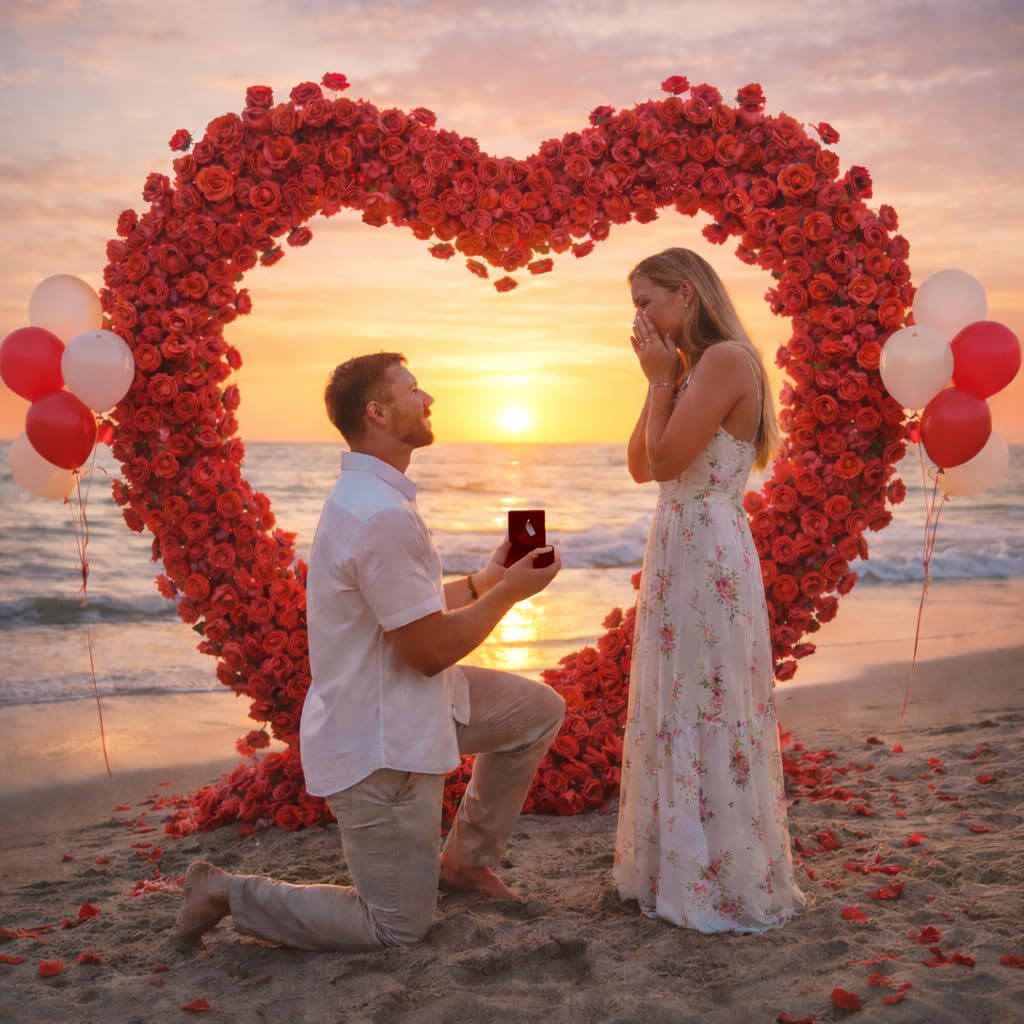 Red Artificial Floral Heart-Shaped Rose Arch Backdrop, Suitable for proposals, Anniversaries, Parties and Event Decorations (Stand not Included).