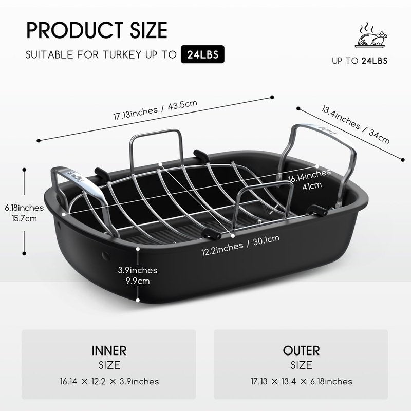 Roasting Pan, 17x13 Inch Nonstick Turkey Roaster with Removable Rack & Cooking Kit,Roaster Pan for Roasting Turkey, Meat & Vegetables (Silver)