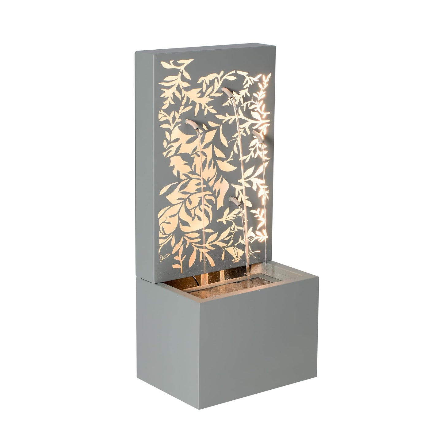 Merax 30.71" H Light Gray Metal Leaf Cutout Outdoor Water Wall Fountain with LED Lights, Modern Waterfall Feature for Patio Garden Backyard Decor