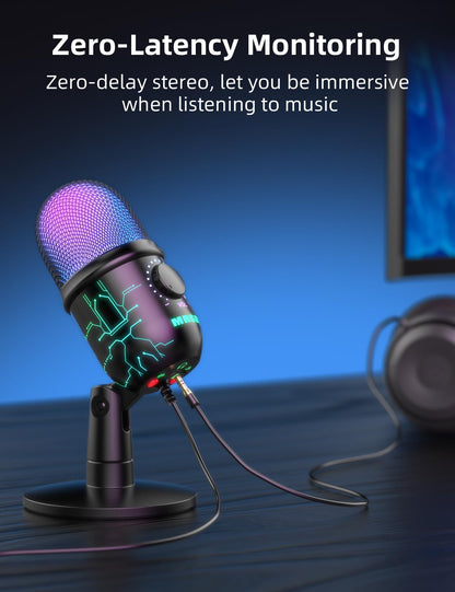 MRSDY Gaming Microphone, USB Computer Microphone for PC, Mac, PS4/5, Condenser Podcast Mic for Studio Recording, YouTube, Streaming, with Headphone Jack, Led Light, Mute, Gain, Noise Cancellation