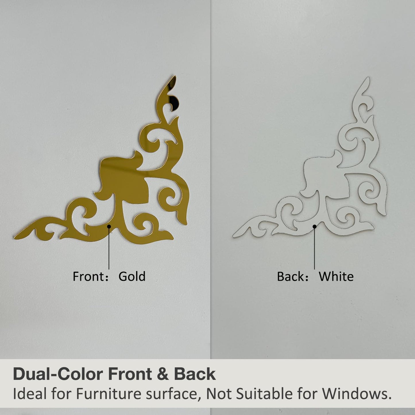 funlife Hollow Self Adhesive Mirror Wall Stickers, Small Plastic Gold Mirror with Adhesive Back for Home Cabinet Wall Decor 3.94" X 3.94" 16 PCS Corner Onlay Applique Pattern-Mirror