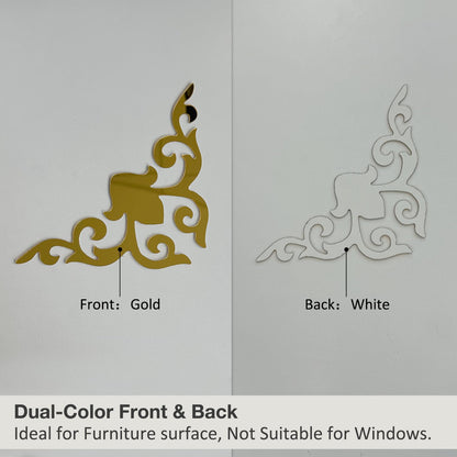 funlife Hollow Self Adhesive Mirror Wall Stickers, Small Plastic Gold Mirror with Adhesive Back for Home Cabinet Wall Decor 3.94" X 3.94" 16 PCS Corner Onlay Applique Pattern-Mirror