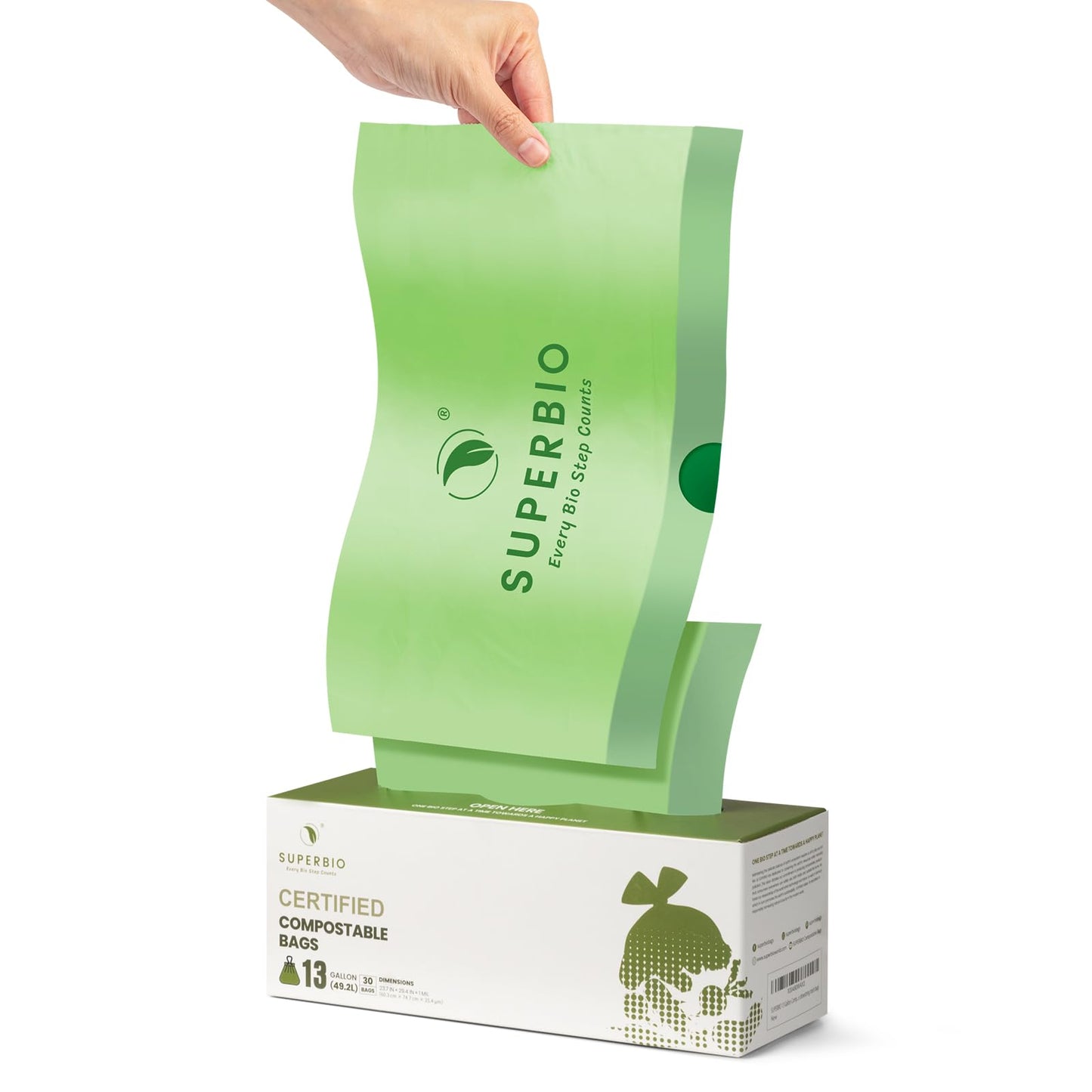 SUPERBIO 13 Gallon Compostable Drawstring Kitchen Waste Bag, 49.2 Liter, 30 Count,1 Mil, Heavy Duty Food Scrap Bags, BPI, Seedling and OK compost INDUSTRIAL