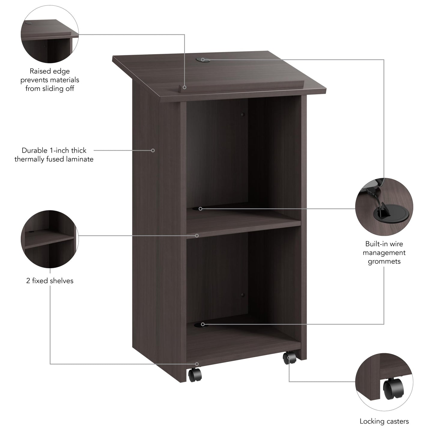 Bush Business Furniture Podium Lectern, 48 inch Tall, Professional-Grade Mobile Presentation Stand Up with Shelves, Envision Collection, Gray