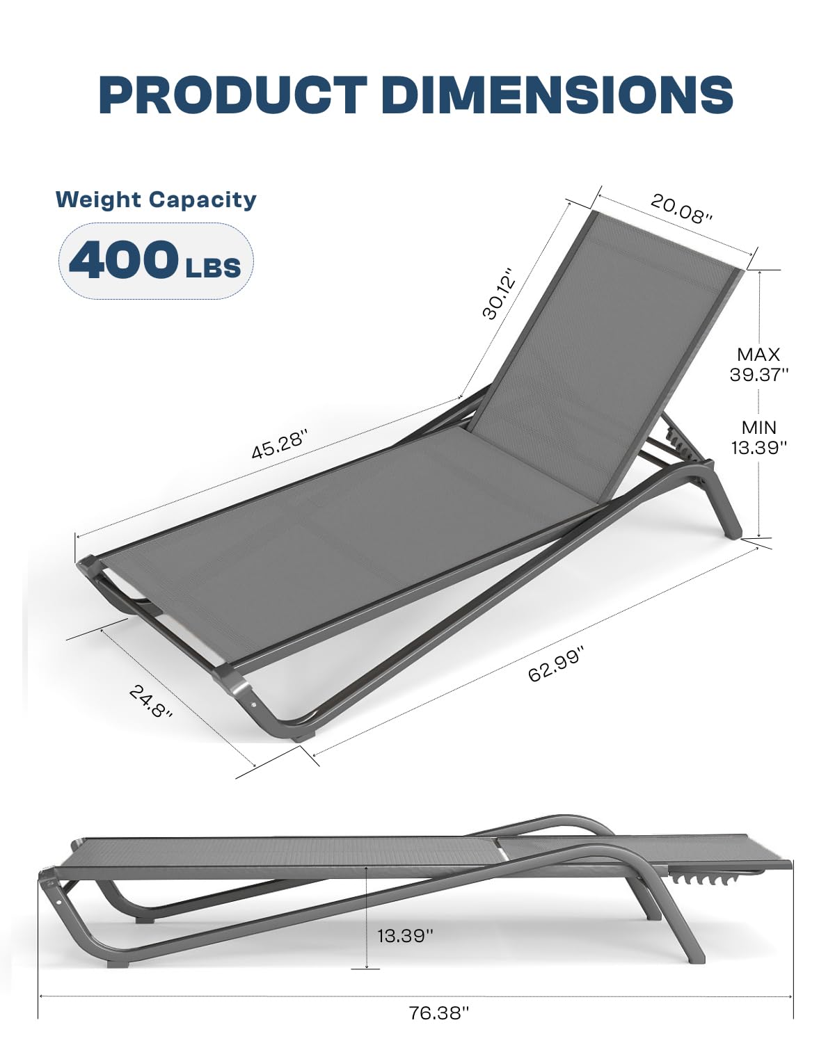 Patio Kingdom Patio Chaise Lounge Chairs Set of 6, All-Weather Aluminum Pool Loungers for Outside, 5-Position Adjustable Sunbathing Chairs for Tanning, Stackable for Backyard, Poolside, Grey