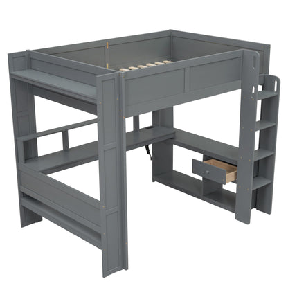 Merax Loft Bed Full Size with Gaming Desk, Mulfunctional Wood Loft Bed with Storage Shelves, Drawer and Charging Station, for Teens Adults (Dark Grey)