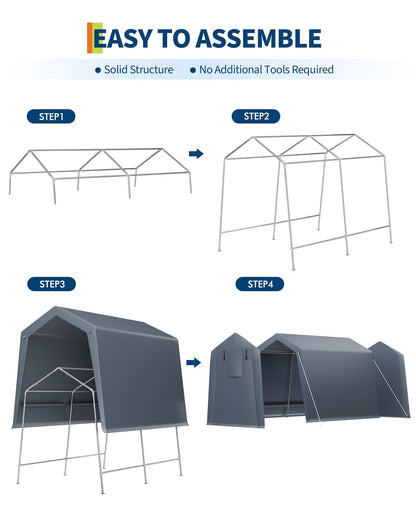 7 x 10 Ft Carport Portable Storage Shed Outdoor Tarp Sheds with Roll-Up Door, Bike Shed ATV Storage Tent for Motorcycle, Car, Garden Tools Grey