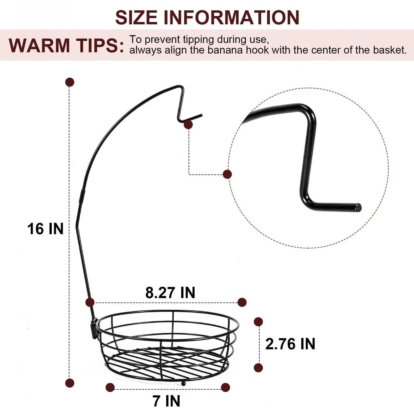 Vituney Fruit Basket for Kitchen Counter - Fruit Bowl with Banana Hanger, Rust-Proof Metal Frutero Produce Fruit Holder for Kitchen
