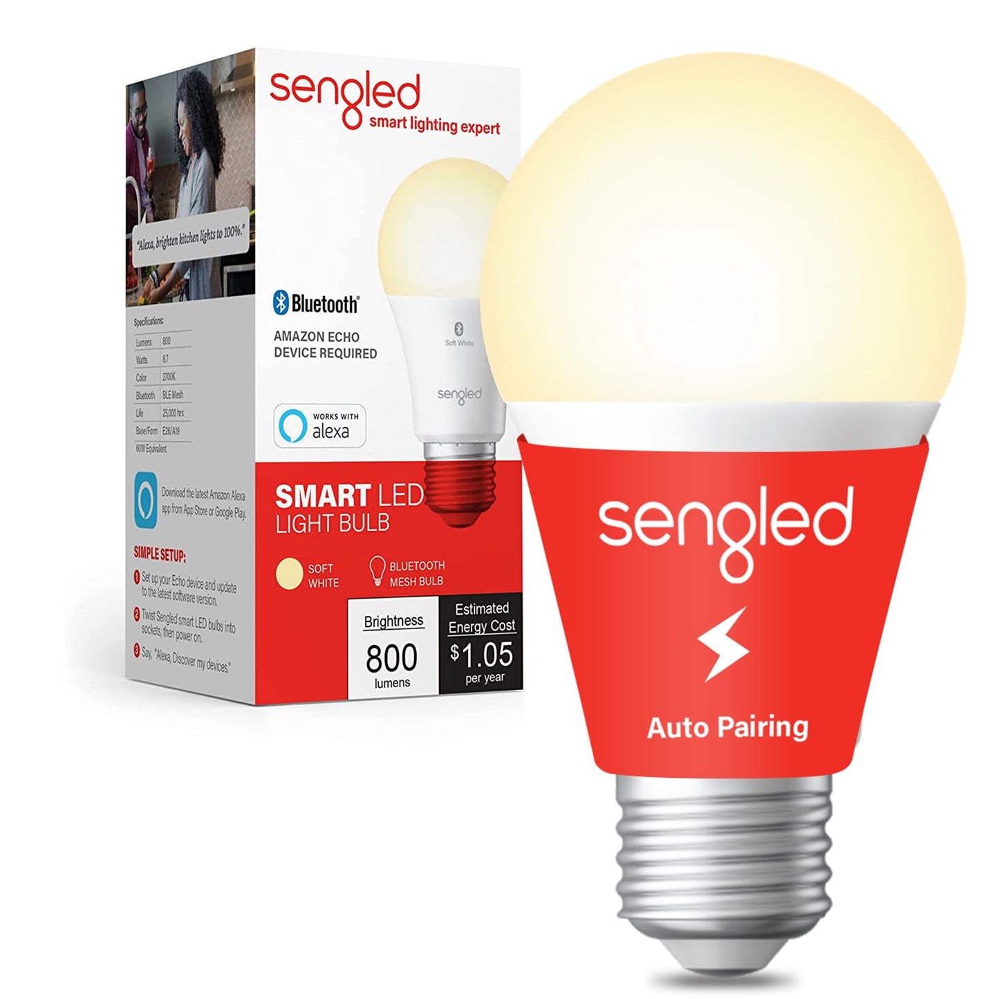 Sengled Smart Light Bulbs, Color Changing Alexa/Bluetooth Mesh, Dimmable LED Bulb A19 E26 Multicolor, High CRI, High Brightness, 8.7W 800LM, 1Pack