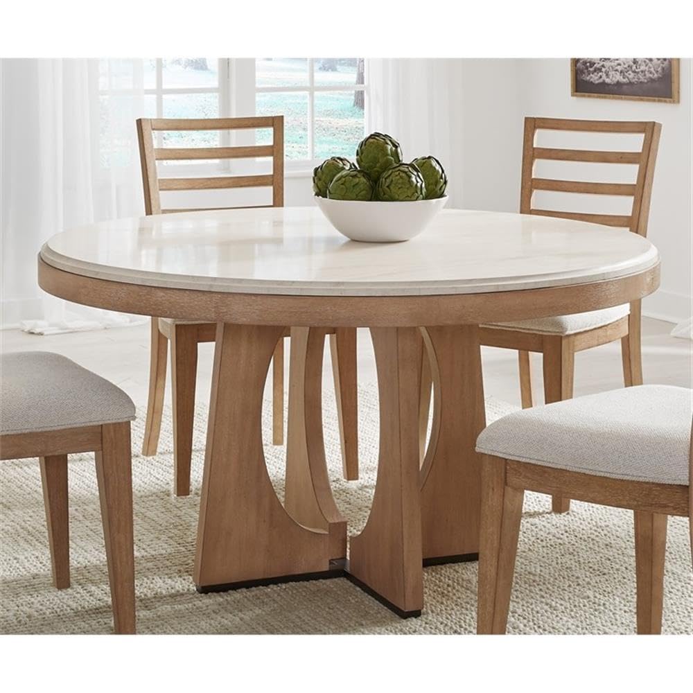 Pemberly Row Contemporary Dining Set, 54" Round Table, Oak Veneer, Stone Top, Natural Finish, Includes 4 Barrel Chairs, Neutral Upholstery, Modern Style, Perfect for Kitchen or Dining Room Spaces
