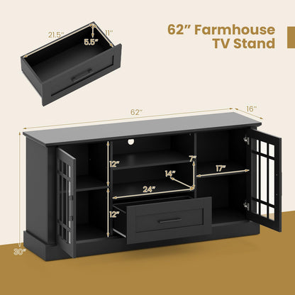 Giantex Farmhouse TV Stand for 65/70 Inch TV, Tall Entertainment Center with Storage Cabinets, Glass Doors, Drawer, Removable Shelves, Media TV Console Table for Living Room, Bedroom (Black)