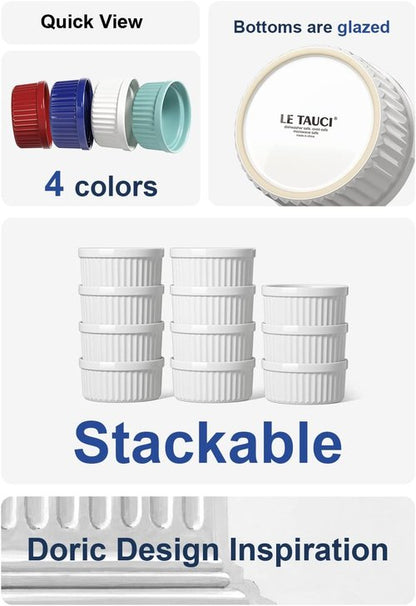 LE TAUCI Ramekins Set of 6 - 8 OZ Oven Safe Ceramic Custard Cups for Pudding & Dipping Sauces - White