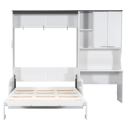 Merax Farmhouse Multi-Functional Murphy Bed with Sofa, Desk & Storage Cabinet,Solid Wood Foldable Wall Bed/Space Saving/No Box Spring Needed/Full,White + Gray