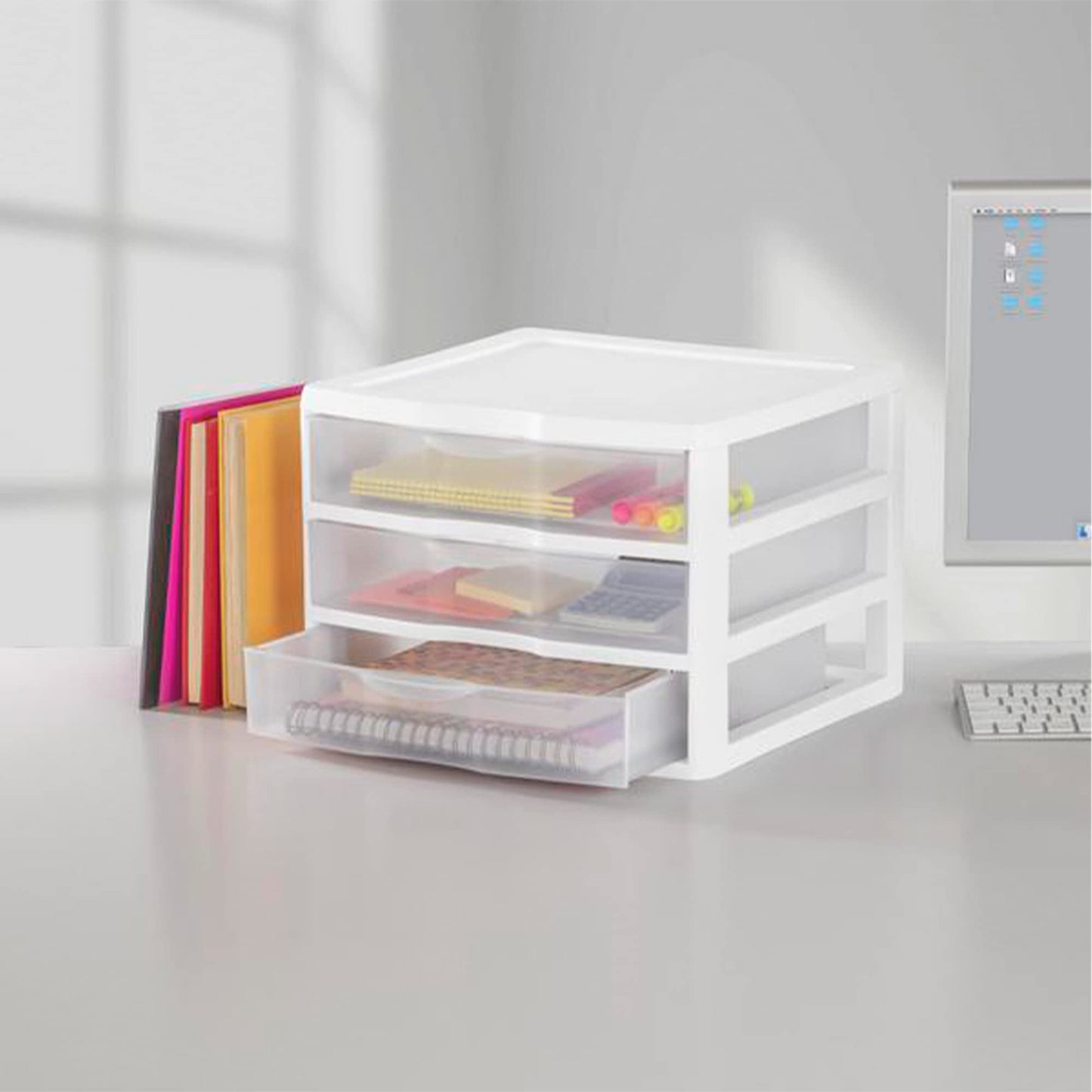 Sterilite 12-Pack Wide 3 Drawer Unit, Plastic Desktop Organizer with Clear Drawers, White Frame - Stackable Multi-Purpose Storage for Office Supplies, Craft Rooms, Classrooms and Home Organization