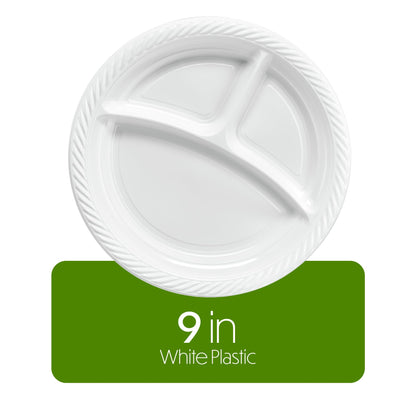 PLASTICPRO 9 inch Round Plastic Plates 3 Compartment - 3 Section Plates Microwaveable, Disposable, White, Dinnerware 400 Count