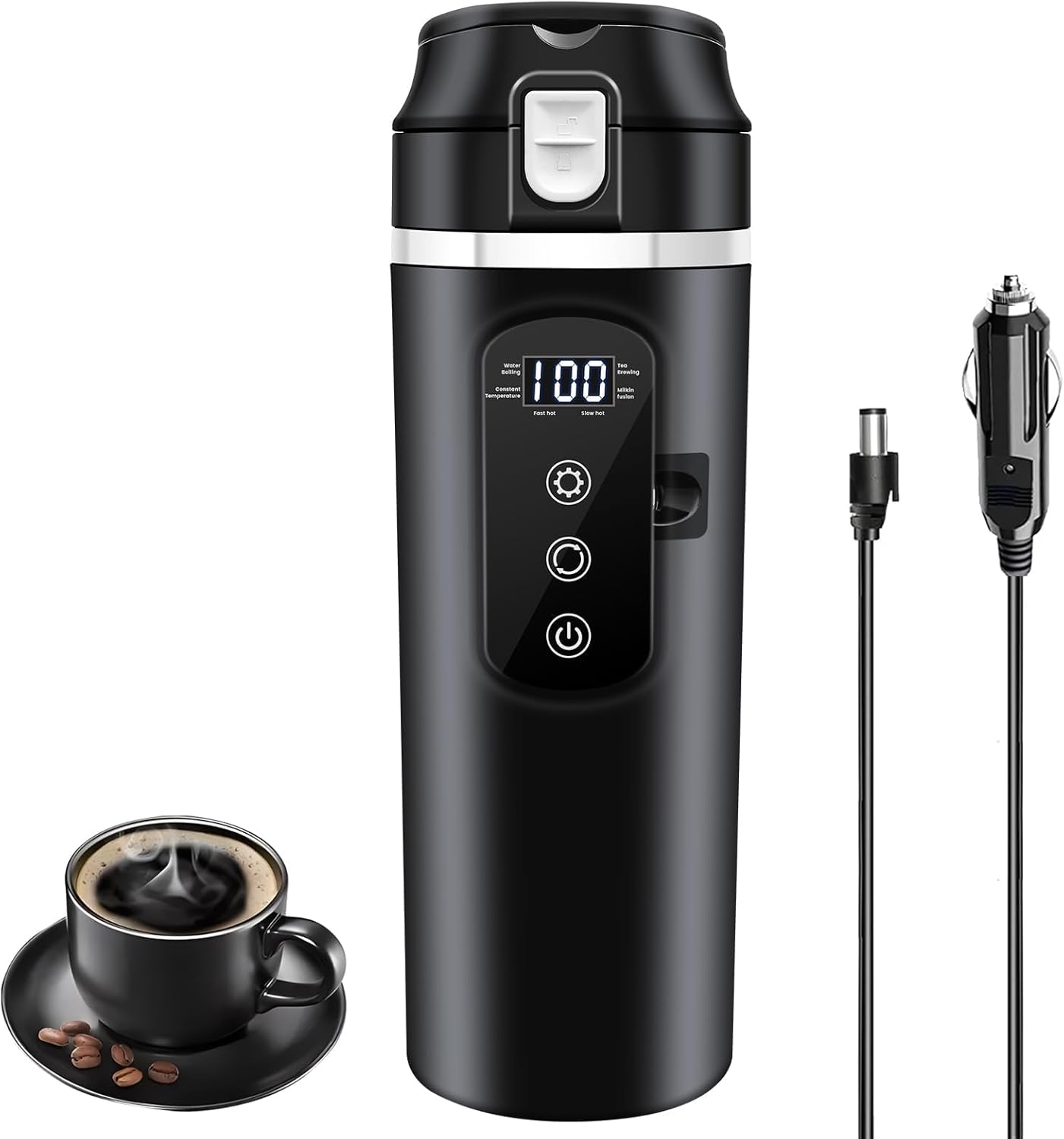 12V/24V 400ml 304 100 DC Car Travel Electric Kettle, Car Heating Mug with Anti-Spill Lid, Leak-proof, Stainless Steel