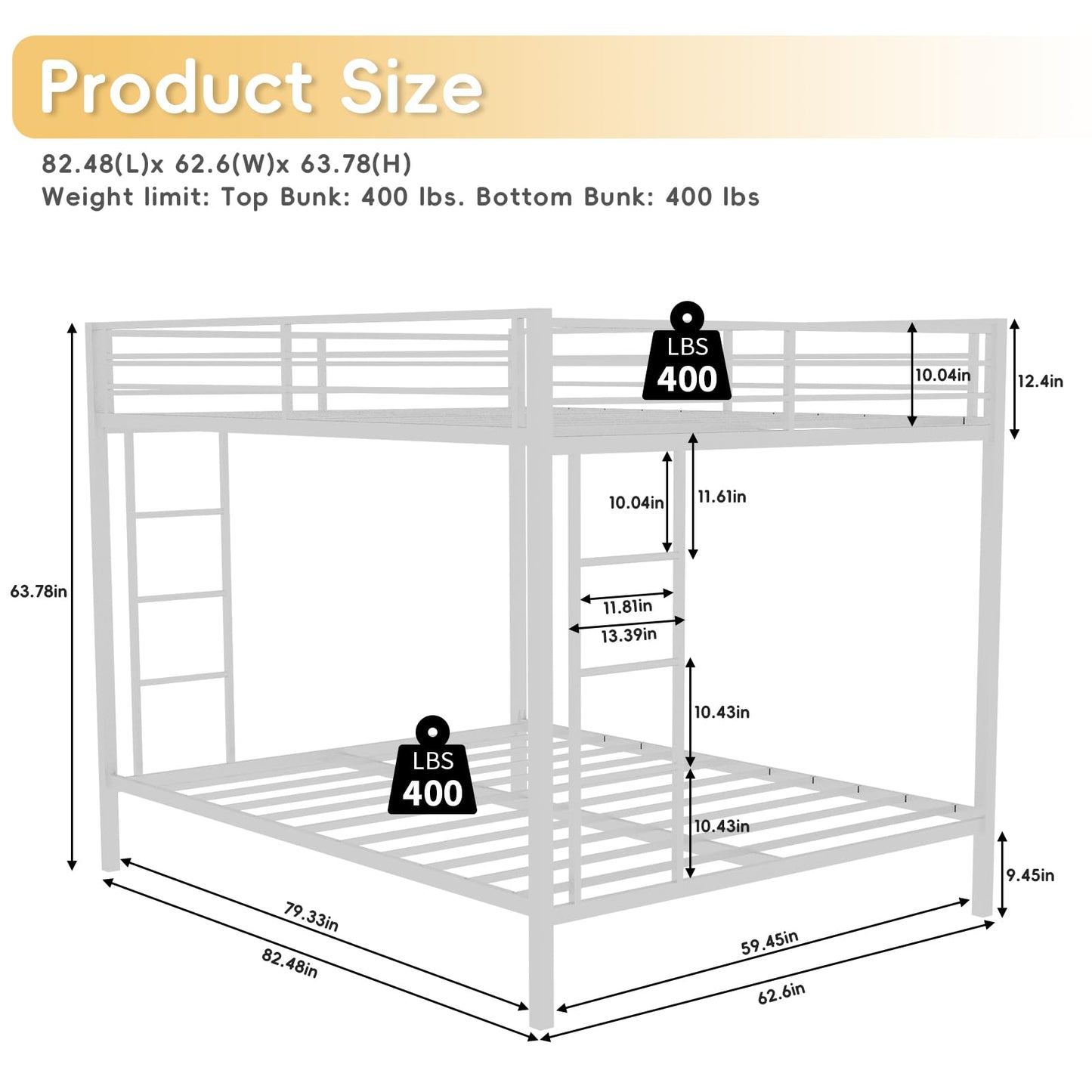 KEIKI Queen over Queen Size Metal Bunk Bed Frame with Built-in Ladder and Full-Length Railing, Modern Style Bunk Bed with Slats and Guardrail, No Box Spring Required, Easy Assembly, for Bedroom, White