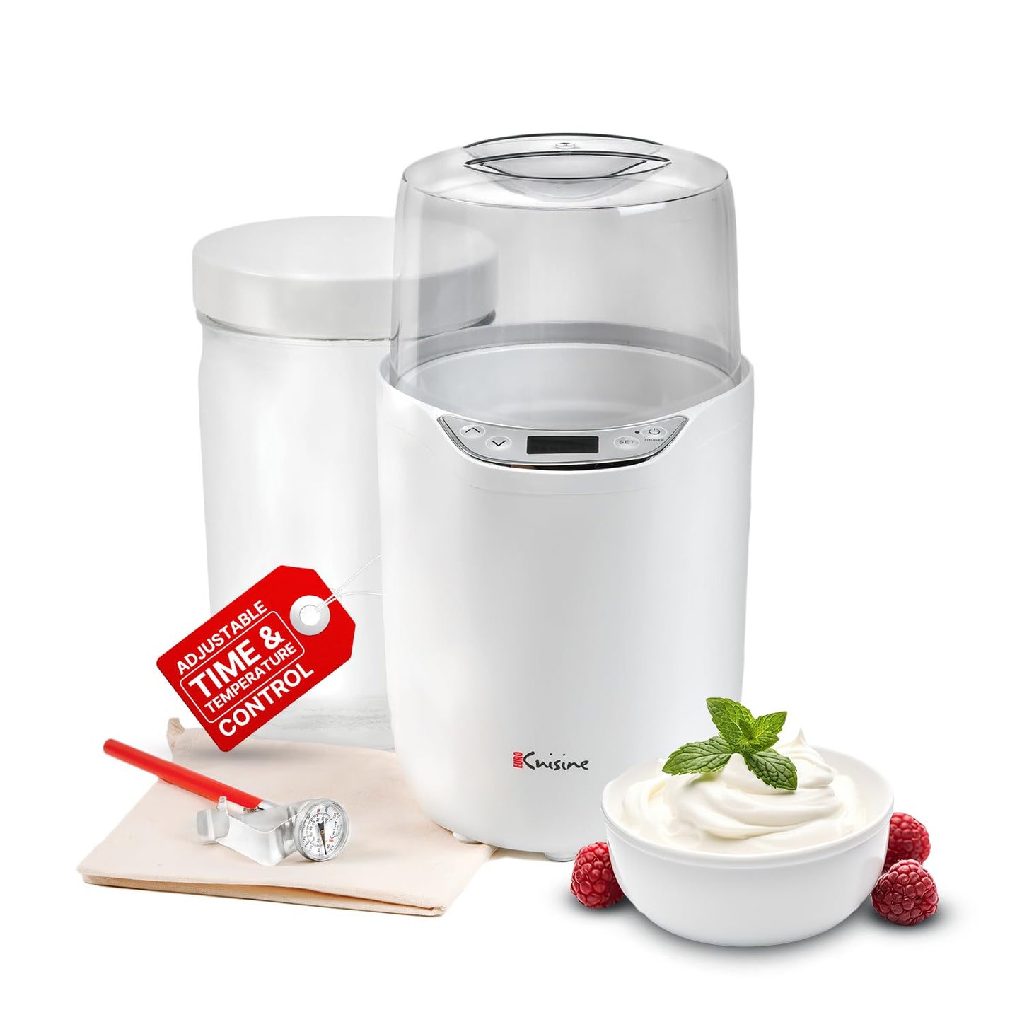Euro Cuisine YM260 Yogurt Maker with Adjustable Time & Temperature Control, 2-Quart Glass Jar, Free Thermometer & Cotton Strainer Bag, 2025 Edition, White, Make Yummy Organic Probiotic Yogurt at Home