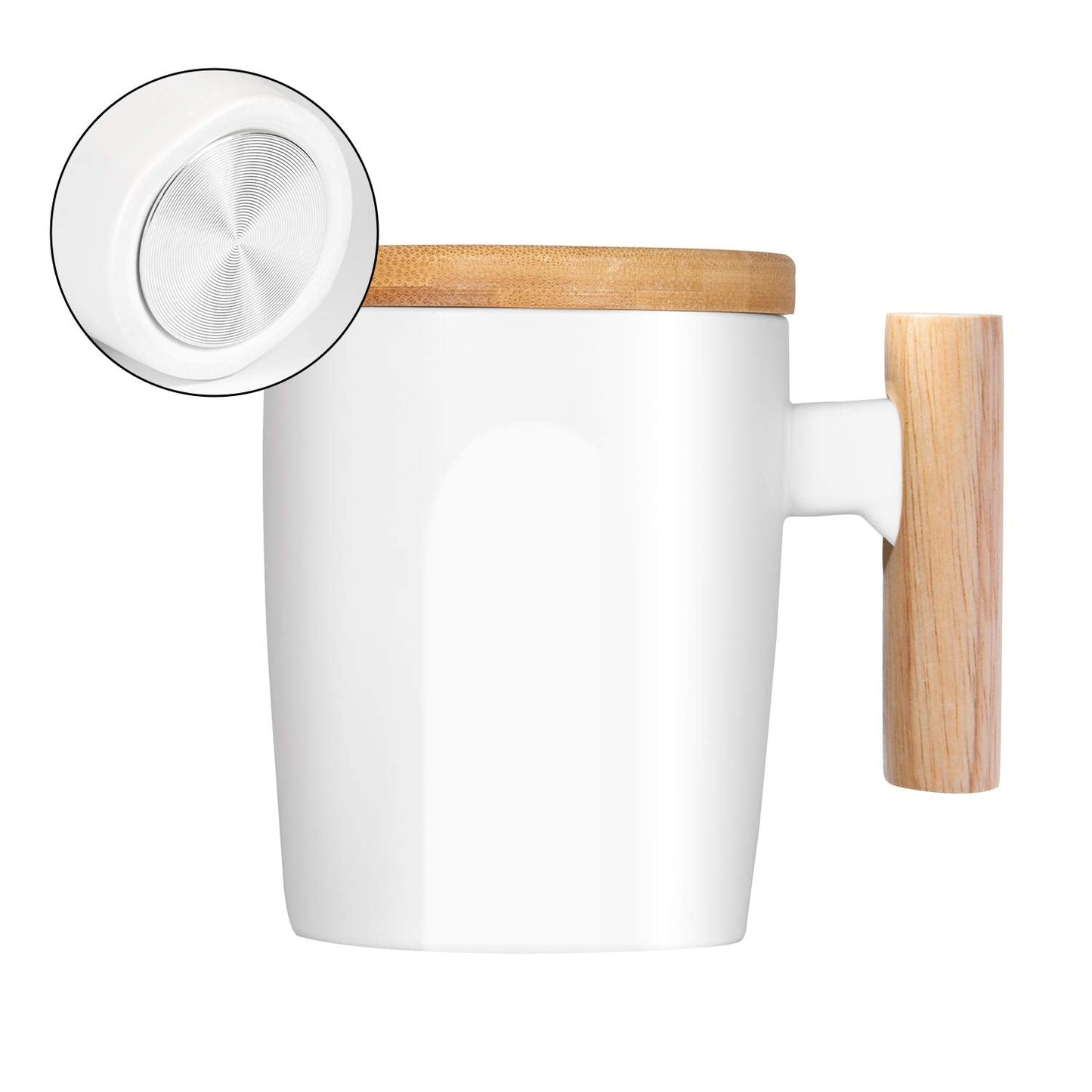 HOWAY Flat Bottom Mug with Wood Lid, Ceramic Tea Cup for Coffee Warmer, Universal, Flat Bottomed, Wooden Handle, 14oz