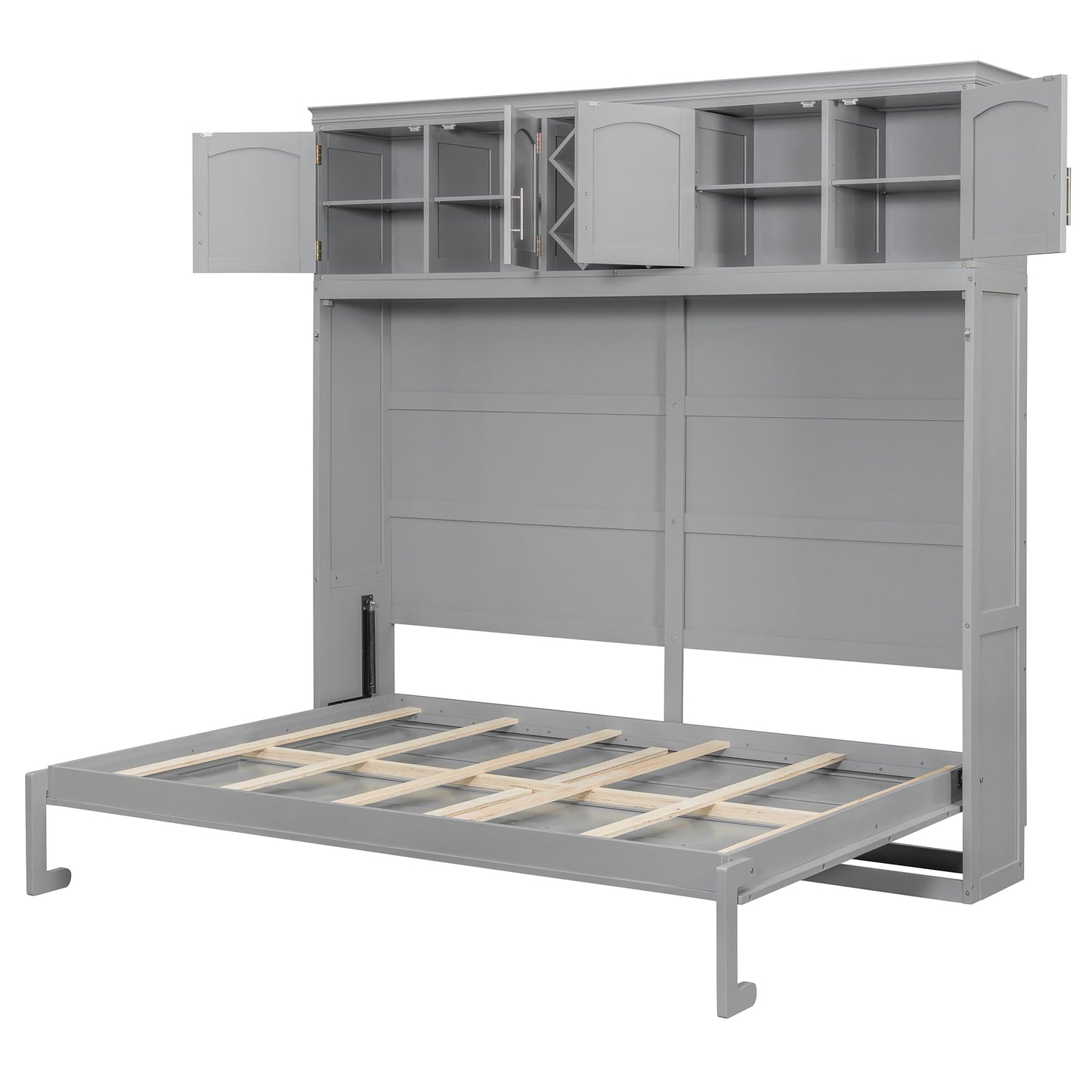 Murphy Bed Queen Size,Murphy Bed with Top Cabinets & Wine Rack,Space-Saving Hideaway Wall Foldable Bed w/Dual Piston Metal Folding Mechanism,Bedroom Folding Bedframe for Guest Room,Gray