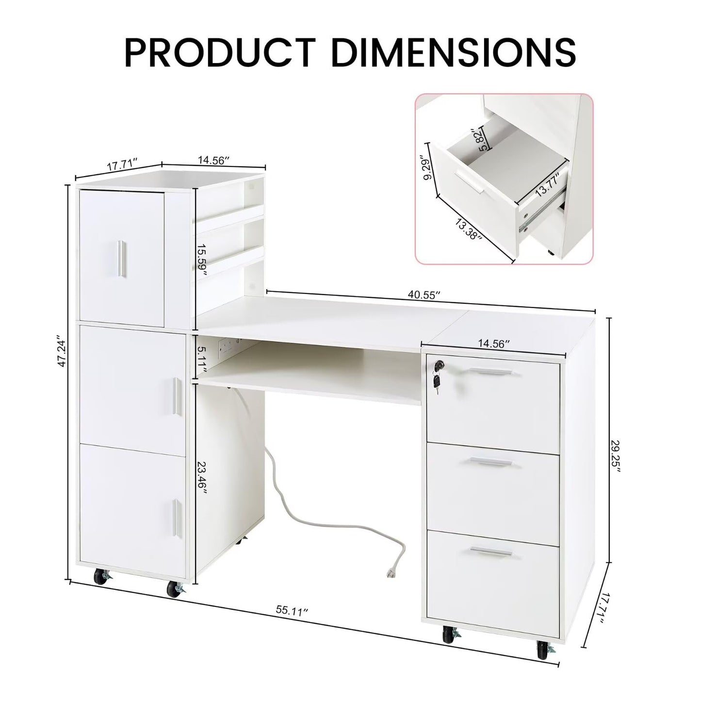 Pekdi Nail Desk for Nail Tech, Professional Manicure Table Nail Station with Power Outlets,Storage Drawers & Cabinet for Beauty Salon, Spa & Home Workstation