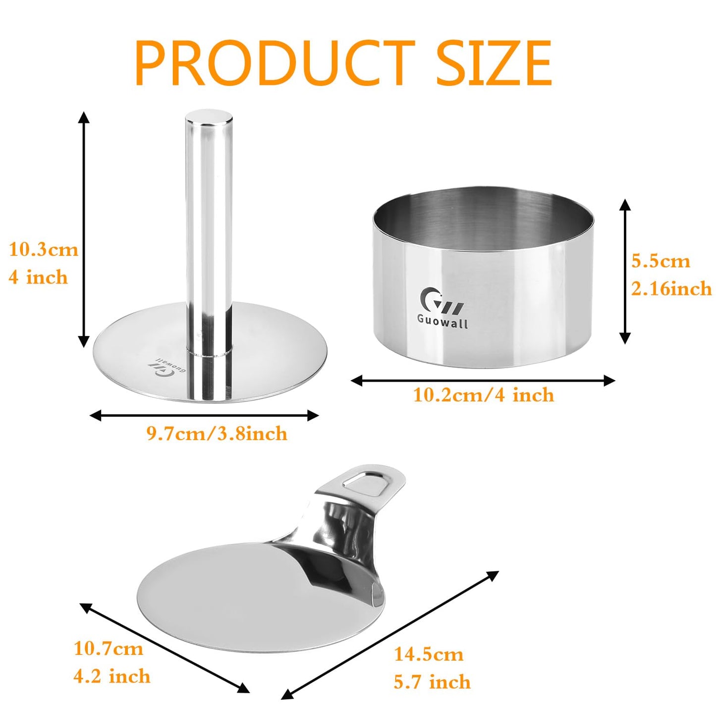 Guowall 4 pack Seamless Mousse Cake Ring set Stainless Steel 4 inch Round Food Mold Dessert Cutter for Baking (Includes 1 Lifter, 1 Pusher and 4 Rings)