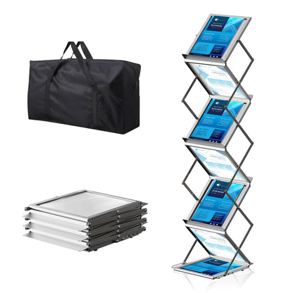 AceShow 6 Pockets Foldable Literature Rack - Aluminum Magazine Rack, Brochure Catalog Display Stand with Carrying Bag for Exhibition, Trade Show, Office, Retail Store, Home - Silver