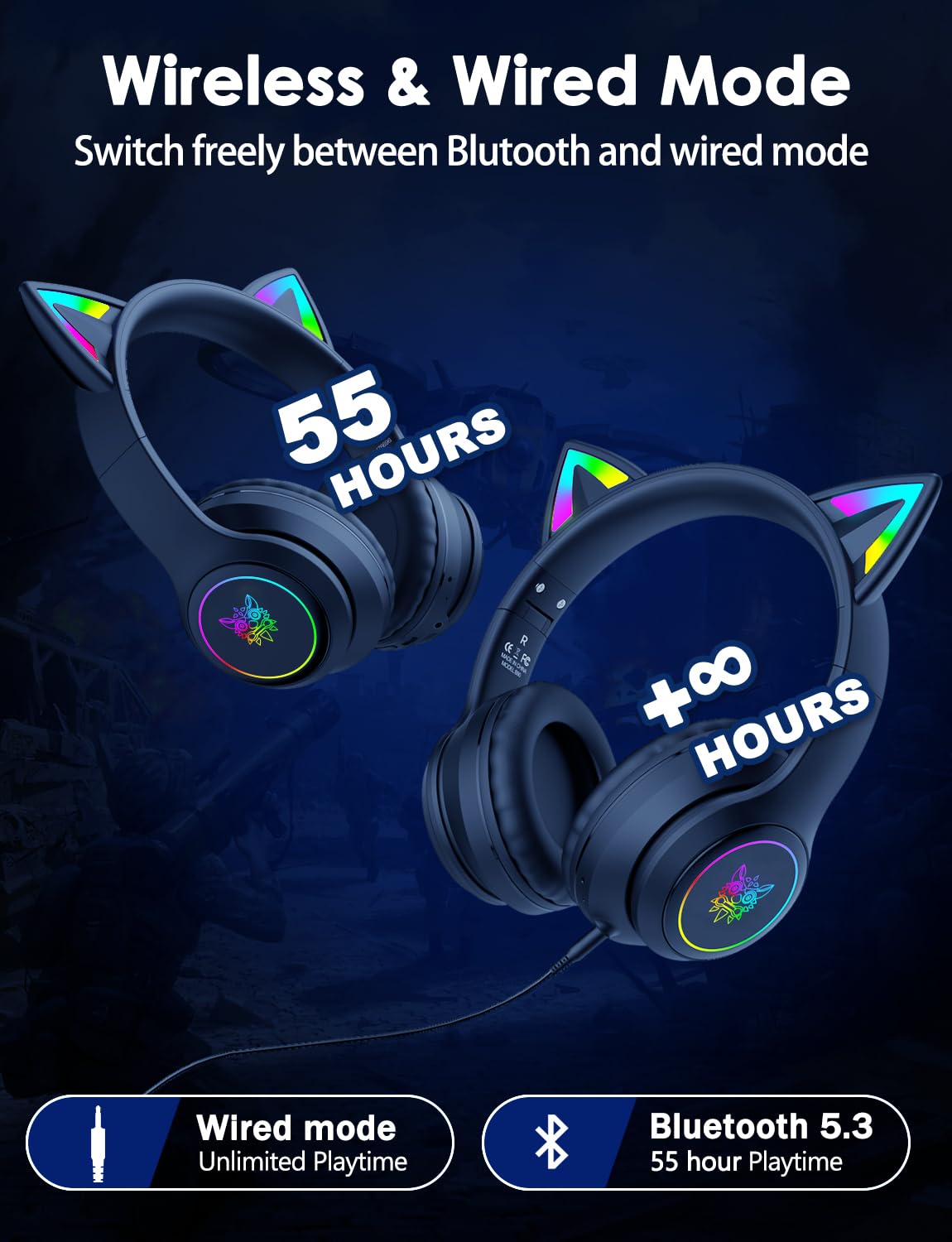 ONITOON Cat Ear Bluetooth Headphones for Kids & Adults, 55H Play Time, Wireless Foldable & Wired Multi-Function LED Light Up Over Ear Headphones with Mic and Volume Control for iPhone/iPad/Laptop/PC