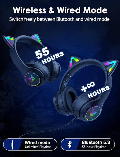 ONITOON Cat Ear Bluetooth Headphones for Kids & Adults, 55H Play Time, Wireless Foldable & Wired Multi-Function LED Light Up Over Ear Headphones with Mic and Volume Control for iPhone/iPad/Laptop/PC