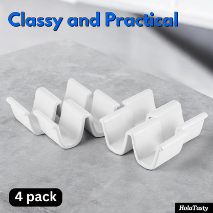 HolaTasty Taco Holders Set of 4 Ceramic, Dual Taco Stand for Dinner Plate - Compact Taco Rack 2-Slot for Hard Shell Tacos, Tuesday Taco Server Mini Taco Holder, Taco Heater for Microwave Oven, White