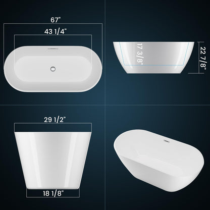 GarveeHome 67 Inch Acrylic Freestanding Bathtub, Deep Soaking Tub with Non-Slip Base, CUPC Certified Free Standing Tub, Chrome Drain Bath Tub, Modern Tub for Bathrooms, White