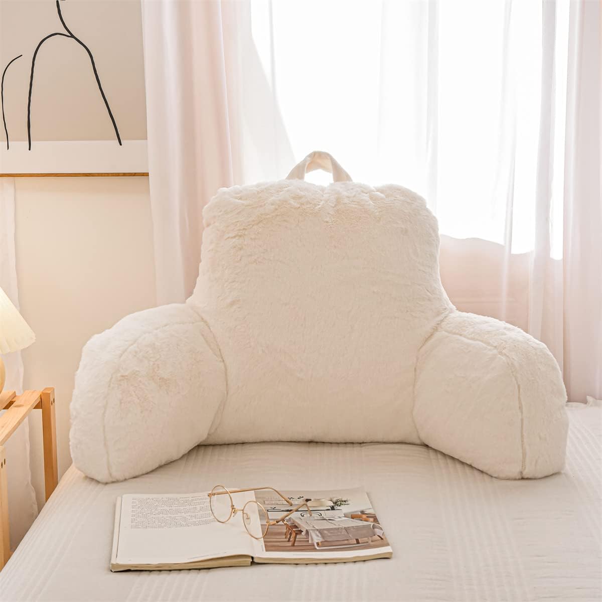 NTBED Reading Pillow Faux Fur Bed Wedge Backrest with Arms,Couch TV Relax Bed Rest Pillow Back Support Cushion for Kids