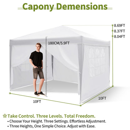 10x10 Pop Up Canopy with 4 Sidewalls, Outdoor Portable Instant Canopy Tent, Waterproof Pop Up Tent, Versatile Gazebo for Camping, Outdoor Parties, Backyard,Beach Activities,White