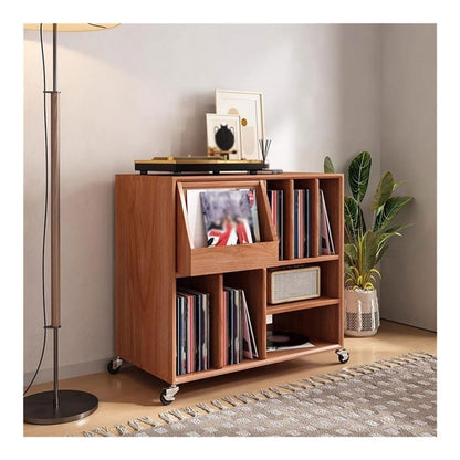 YGwnjqr Cd Rack Home Vinyl Record Storage Rack Wooden Books Magazine Cabinet with Universal Wheel,