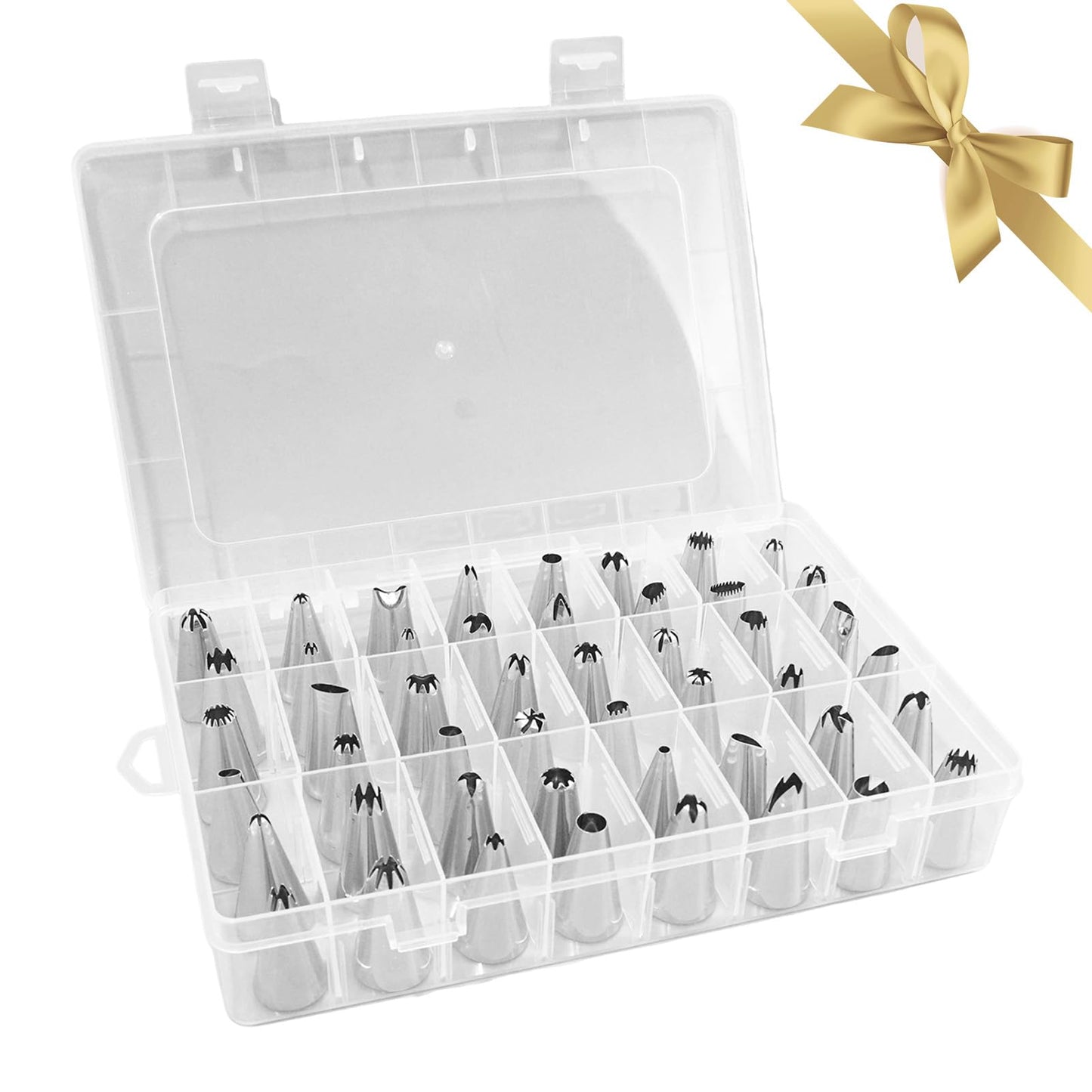 Vvluvva Piping Tips Set with Organizer Case, Stainless Steel Cake Decorating Tips for Cupcakes Cookies and Pastries, Cookie Icing and Buttercream Frosting Kit with Pattern Chart (A-48Pcs)