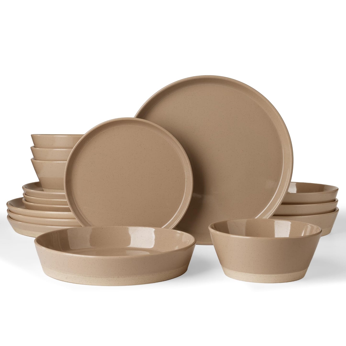 Famiware Saturn 16 Pieces Plates and Double Bowls Sets for 4, Stoneware Dinnerware Set with Pasta Bowl, Dish Set with Trim - Chip & Scratch Resistant, Microwave & Dishwasher Safe, Cinnamon Brown