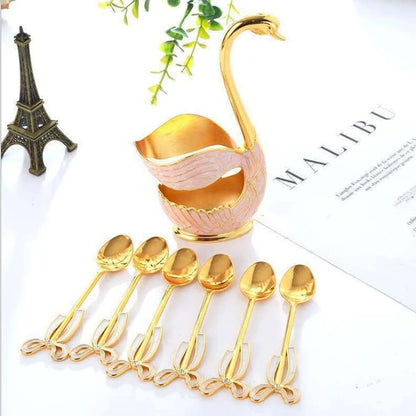 6PCS Coffee Spoons Set, Dessert Spoons with Swan Base Holder, Stainless Steel Small Spoons for Ice Cream