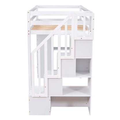 Merax Twin-Size Loft Bed with Storage Drawers and Stairs, Wooden Loft Bed with Shelves for Teens, White