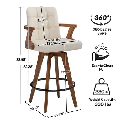 MEKLIBA 26” Counter Height Bar Stools,Leather Upholstered Bar Chair, Swivel Bar Stools with Back and Arms，Modern Beige Barstool Set of 2 for Kitchen Island
